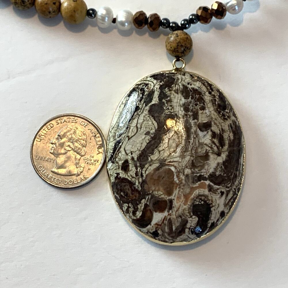 Vtg Agate Cultured Pearl Necklace Polished Gemstones Bold Southwest Statement - Picture 7 of 13